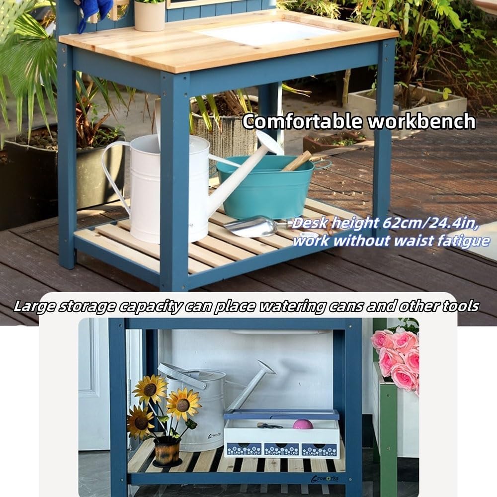 Outdoor Solid Wood Potting Bench, 2 Tier Potting Table with Sink and Hooks, Outdoor Potting Bench for Garden, Yard, Balcony, Garden Table with Tool Storage(Green)