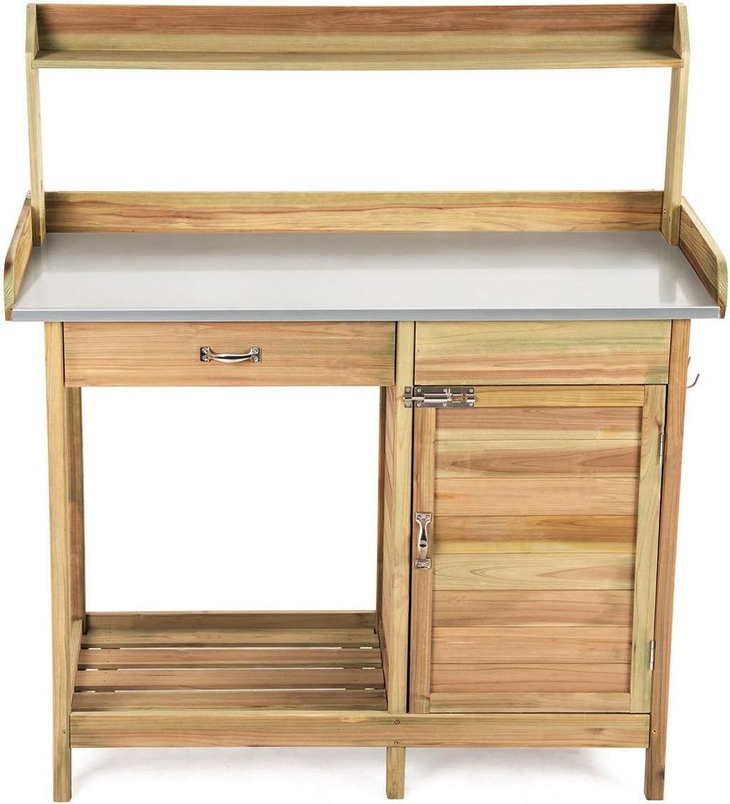 Outdoor Potting Bench Garden Wooden Work Station Metal Tabletop Cabinet Drawer