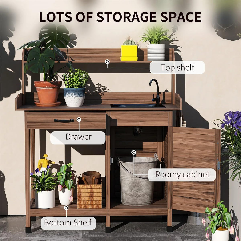 Natural Wood Outdoor Potting Bench with Storage Cabinet,Sink, Faucet and Hooks for Garden Lawn (Brown, 44.5 Inches)