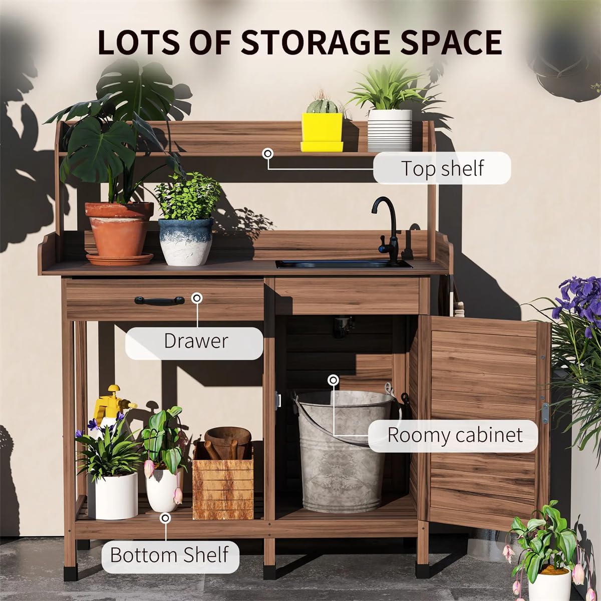 Natural Wood Outdoor Potting Bench with Storage Cabinet,Sink, Faucet and Hooks for Garden Lawn (Brown, 44.5 Inches)