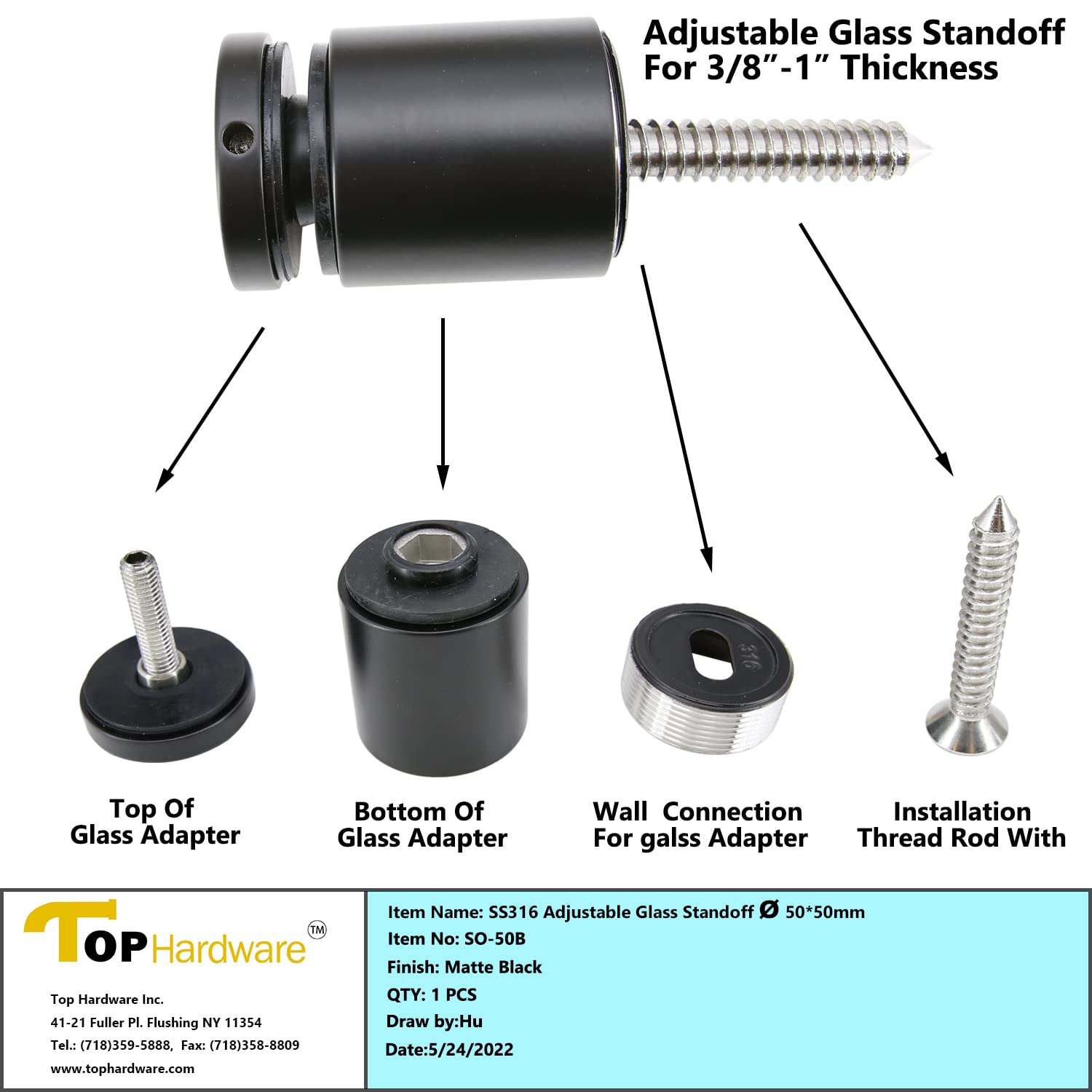 Stainless Steel 316 Grade 1-31/32 in (50mm) Diameter Adjustable Glass Standoff, 1-31/32 in Projection, Matt Black Finish, SO-50B, 4 Pieces