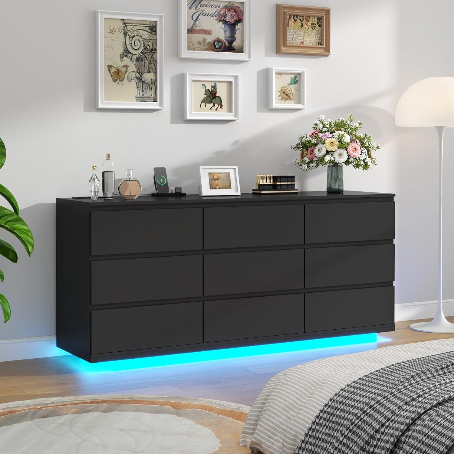 Gyfimoie 9 Drawer Dresser with Power Outlet and LED Lighting, Floating White Dresser Chest of Drawers, The Modern Organizer for Bedroom & Living Room (Black)