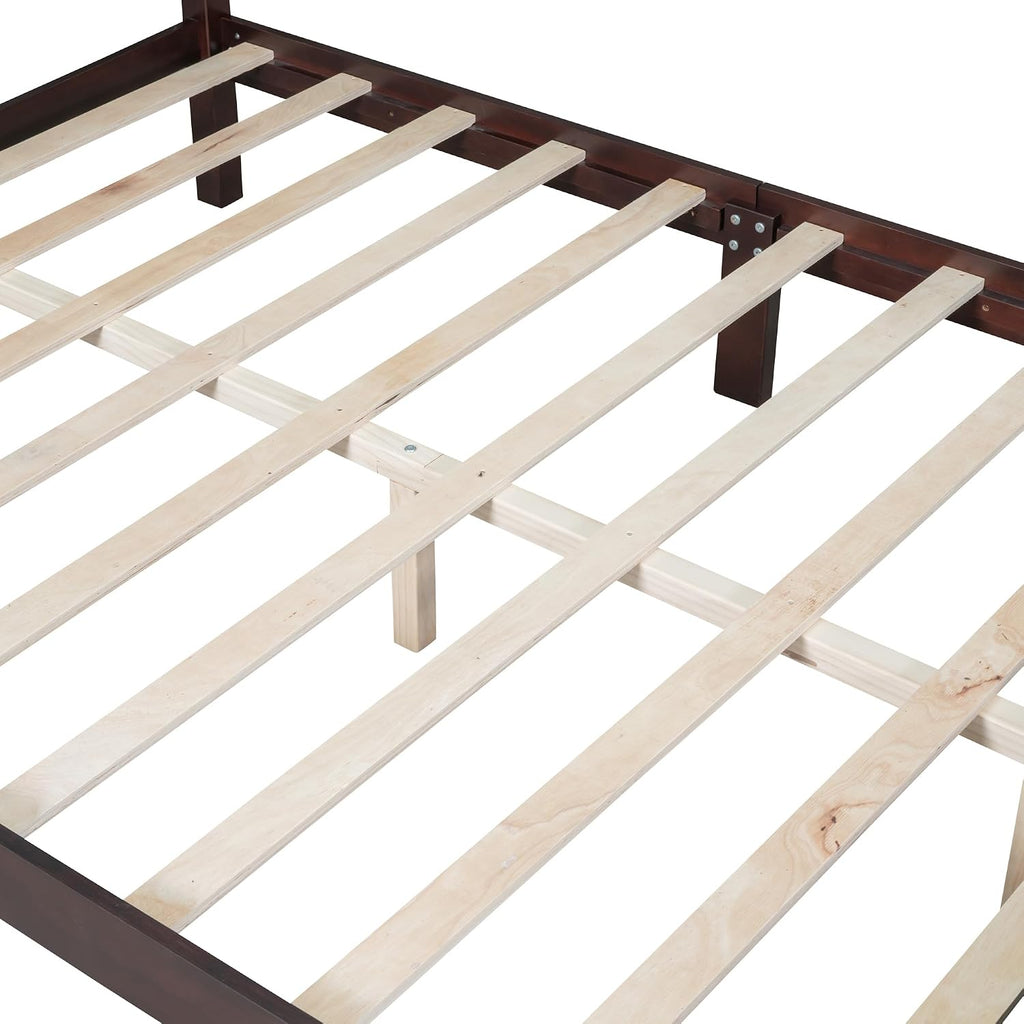 3-Pieces Bedroom Sets, Queen Size Retro Wood Platform Bed with Sense of Design Headboard, Wood Platform Bed Frame with 2 Nightstands for Kids Teens Adults Bedroom Furniture(Dark Walnut-04, Queen)