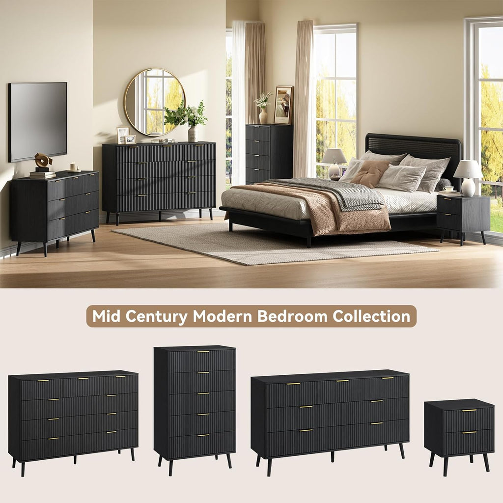 CARPETNAL Fluted 7 Drawer Dresser for Bedroom, 55' Wide Wooden Chest of Drawers with Rounded Corners, Gold Handles, Modern Storage Organizer for Bedroom, Hallway(Black)