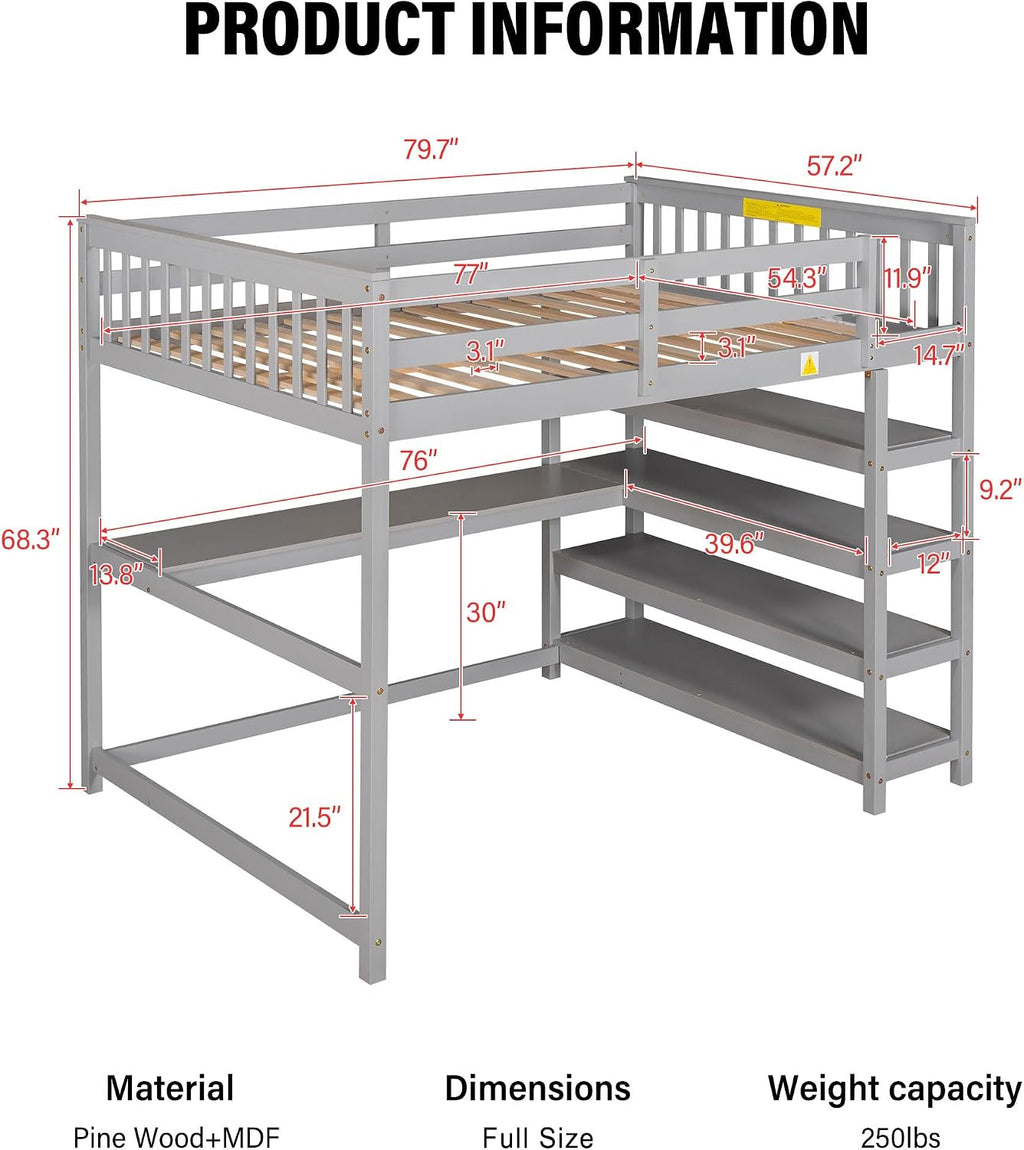 Merax Wood Loft Bed with Desk : Full Size Loft Bed with 4-Storage Shelves and Under Bed Desk Solid Wood Bed, Grey