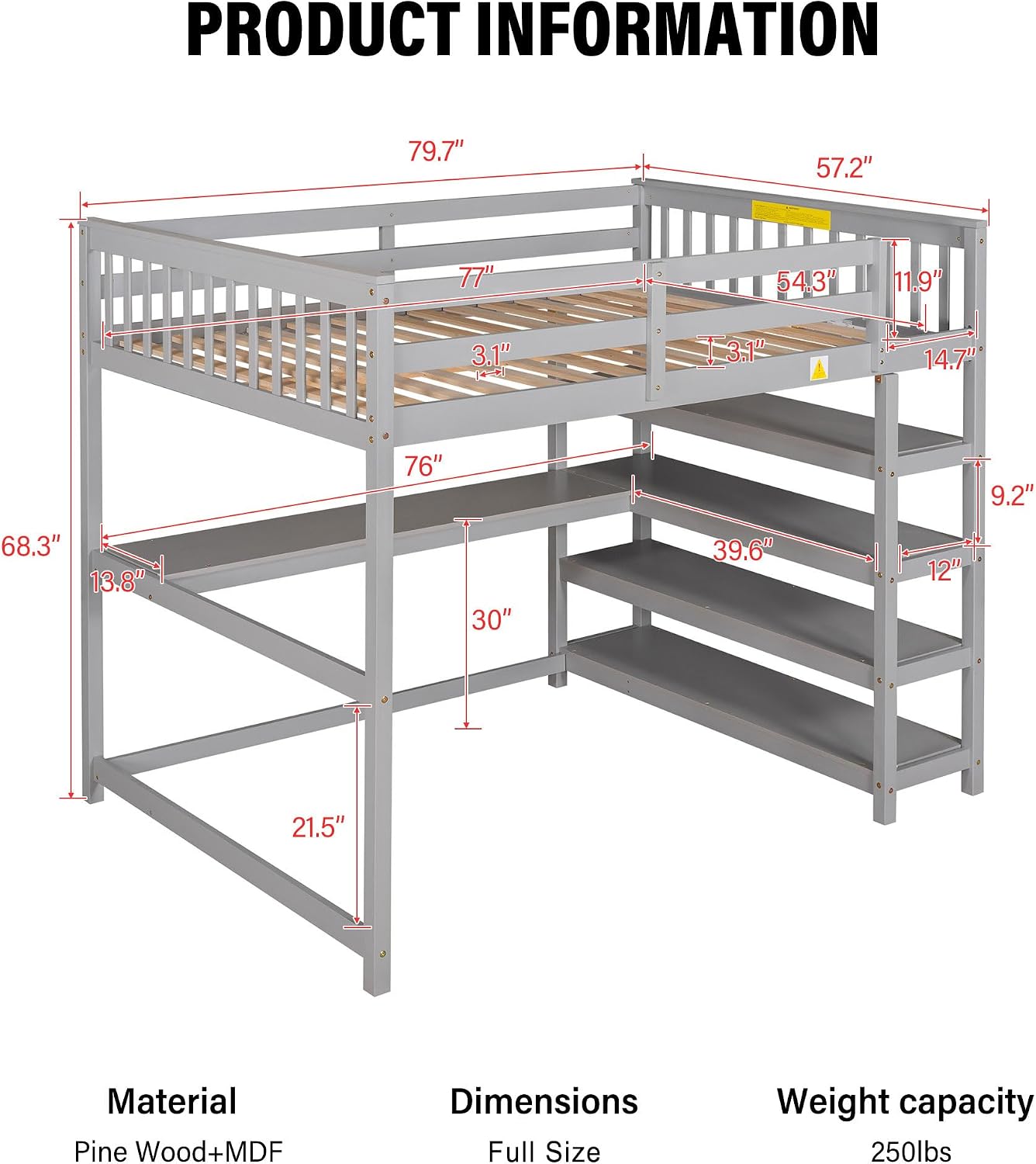 Merax Wood Loft Bed with Desk : Full Size Loft Bed with 4-Storage Shelves and Under Bed Desk Solid Wood Bed, Grey