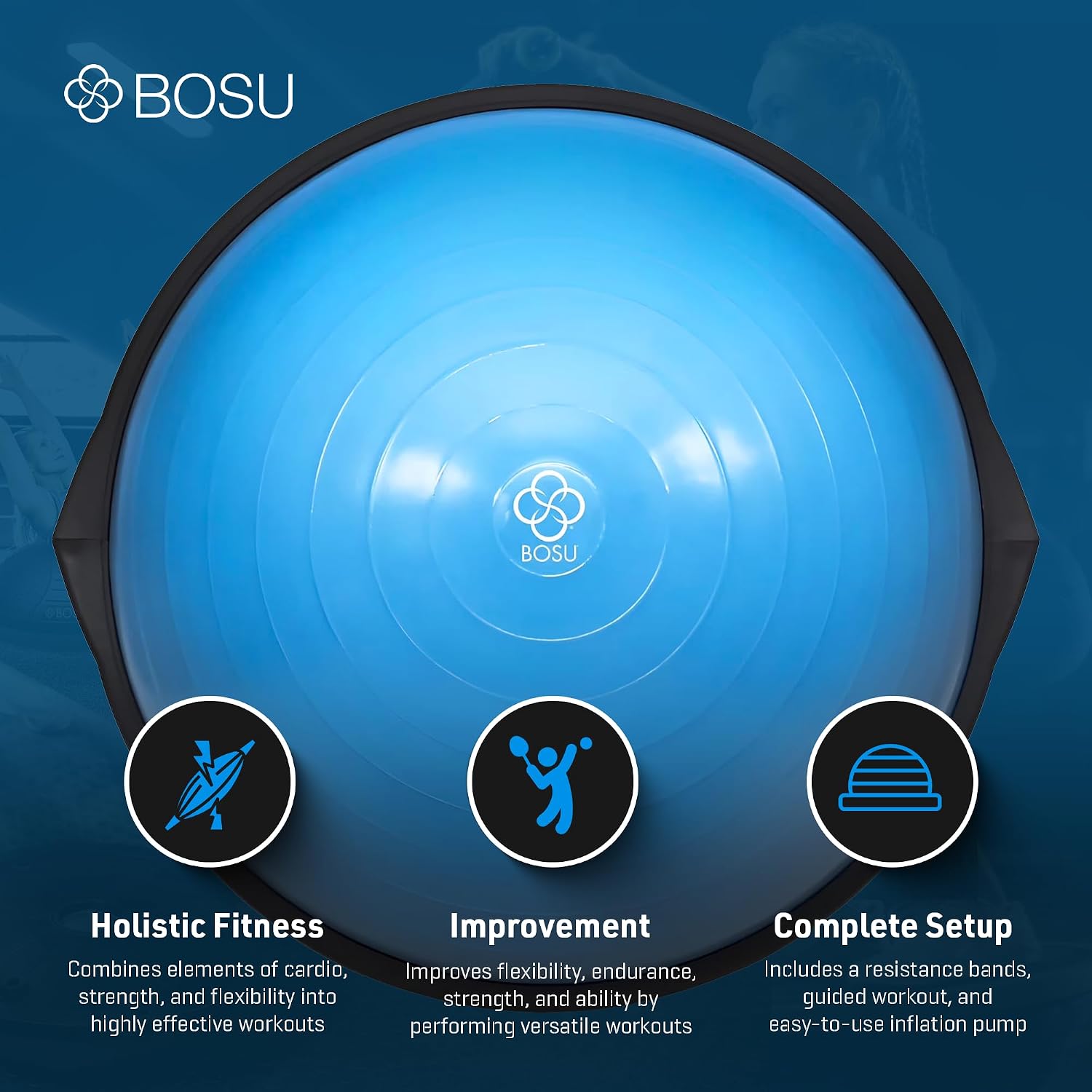 BOSU Pro Balance Trainer, Half-Ball Training Equipment, 300 lb Capacity, Stability Exercise Tool with Resistance Bands Non-Slip Base, Blue