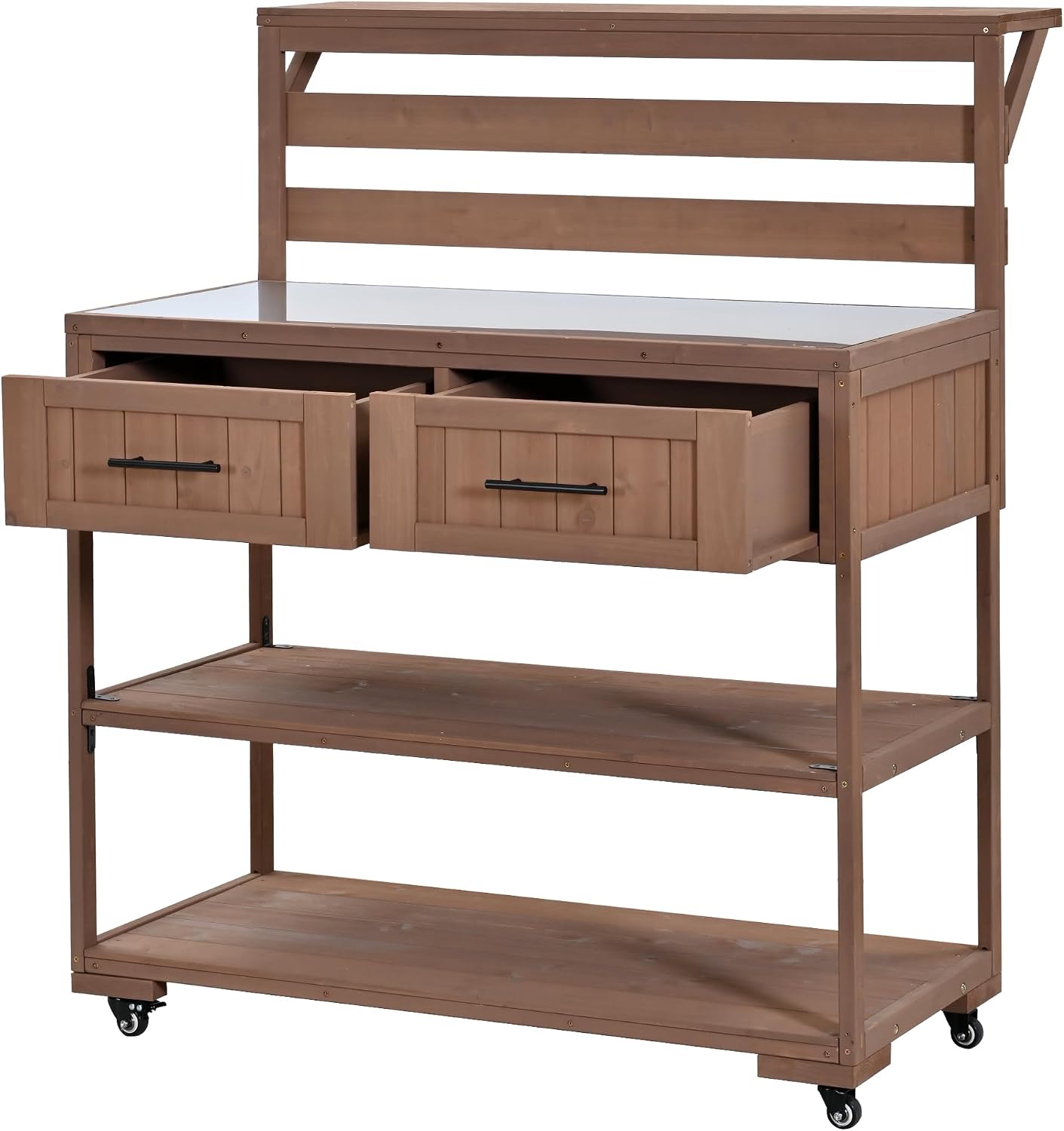 Patio Potting Bench Table with Stainless Table Top, Outdoor Large Garden Workstation on Wheels with Raised Shelf and Drawers for Backyard (Brown)