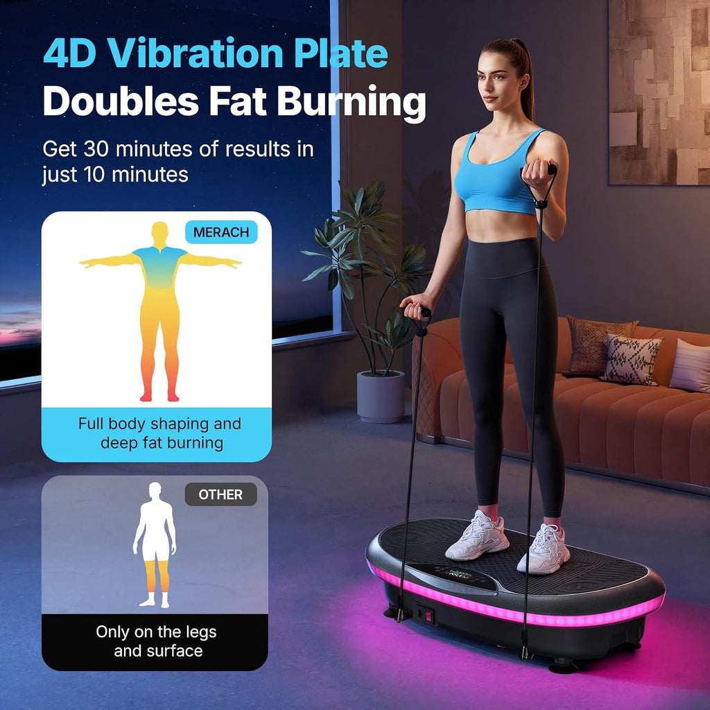 MERACH Vibration Plate Exercise Machine, 4D Whole Body Workout Vibrating Platform for Lymphatic Drainage Weight Loss Muscle Activation, Home Fitness Equipment with Bluetooth Light Pull Cord