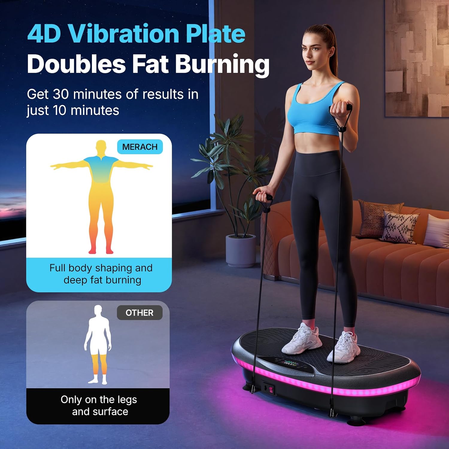 MERACH Vibration Plate Exercise Machine, 4D Whole Body Workout Vibrating Platform for Lymphatic Drainage Weight Loss Muscle Activation, Home Fitness Equipment with Bluetooth Light Pull Cord