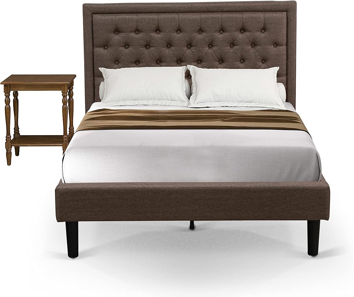 East West Furniture KD18F-1BF08 2 Piece Full Bed Set - 1 Full Bed Frame Brown Linen Fabric Padded and Button Tufted Headboard with 1 Modern Nightstand - Antique Walnut Finish Nightstand