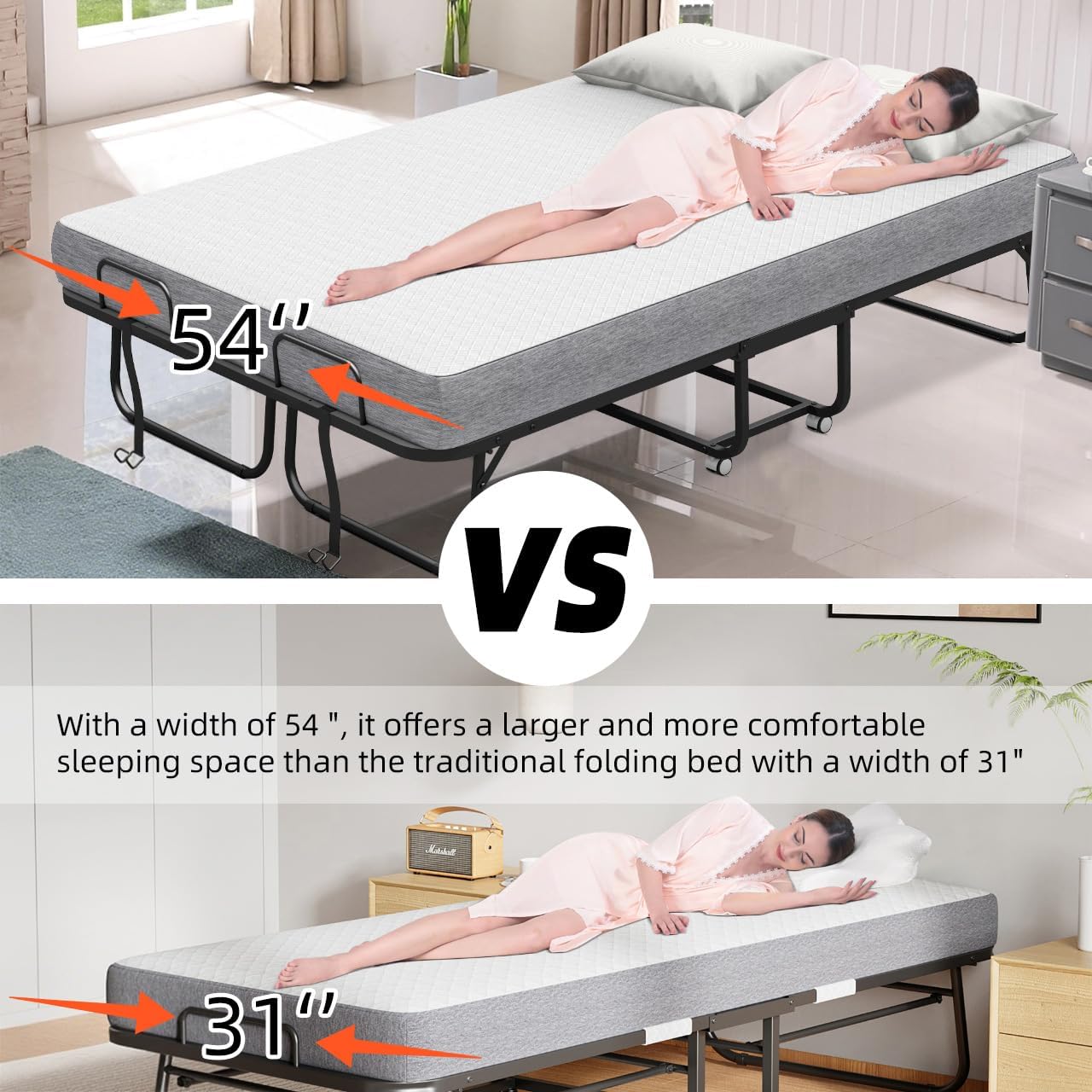Espsilto Full Size 75''x54'' Folding Bed with Mattress for Adult - Extra Large Wide Rollaway Bed for Guest, Comfortable Sleep in a Large Space