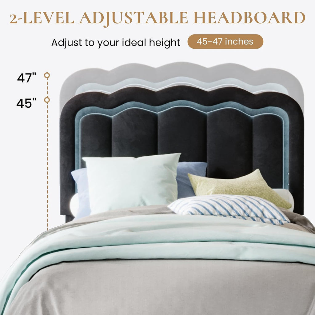 SHA CERLIN Upholstered Twin Size Bed Frame with LED Lights and Large Storage Drawer, Velvet Platform Bed with Adjustable Wavy Headboard, Noise Free, Easy Assembly, No Box Spring Needed, Soft Black