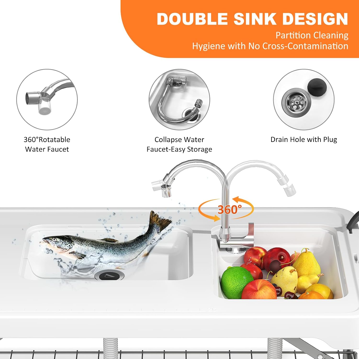 Folding Fish Cleaning Table with 2 Sinks, 42.5'' Portable Camping Sink Table with Foldable Faucet, Drainage Hose, Sprayer, Storage Box,Drawer & Grooves, Outdoor Fillet Station for Picnic, White