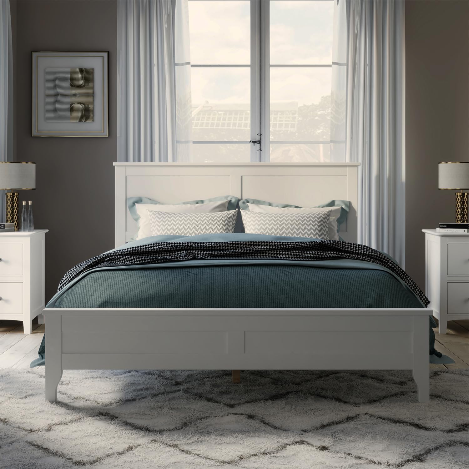 Queen Size Wood Bed Frame and Headboard, Modern Retro White Platform Beds Frames, Sturdy and Durable Design Mid Century Rustic Wooden Bedroom Set, No Box Spring Needed (White, Queen)