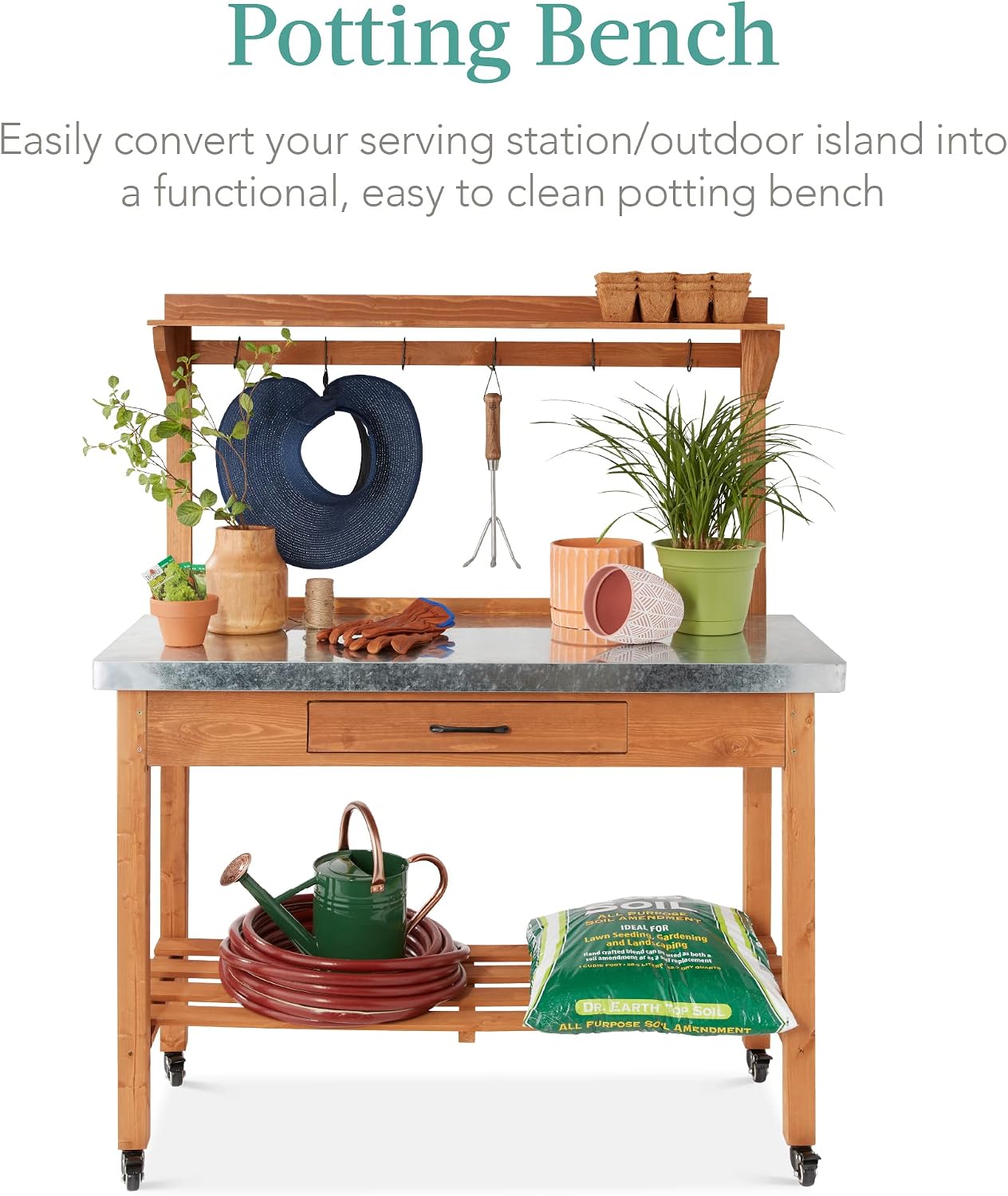 Best Choice Products Mobile Outdoor Table and Storage Cabinet w/Grill Accessory Hooks, 4 Locking Wheels, Stainless Steel Top for Patio Kitchen Island or Bar Cart - Medium Stained Brown