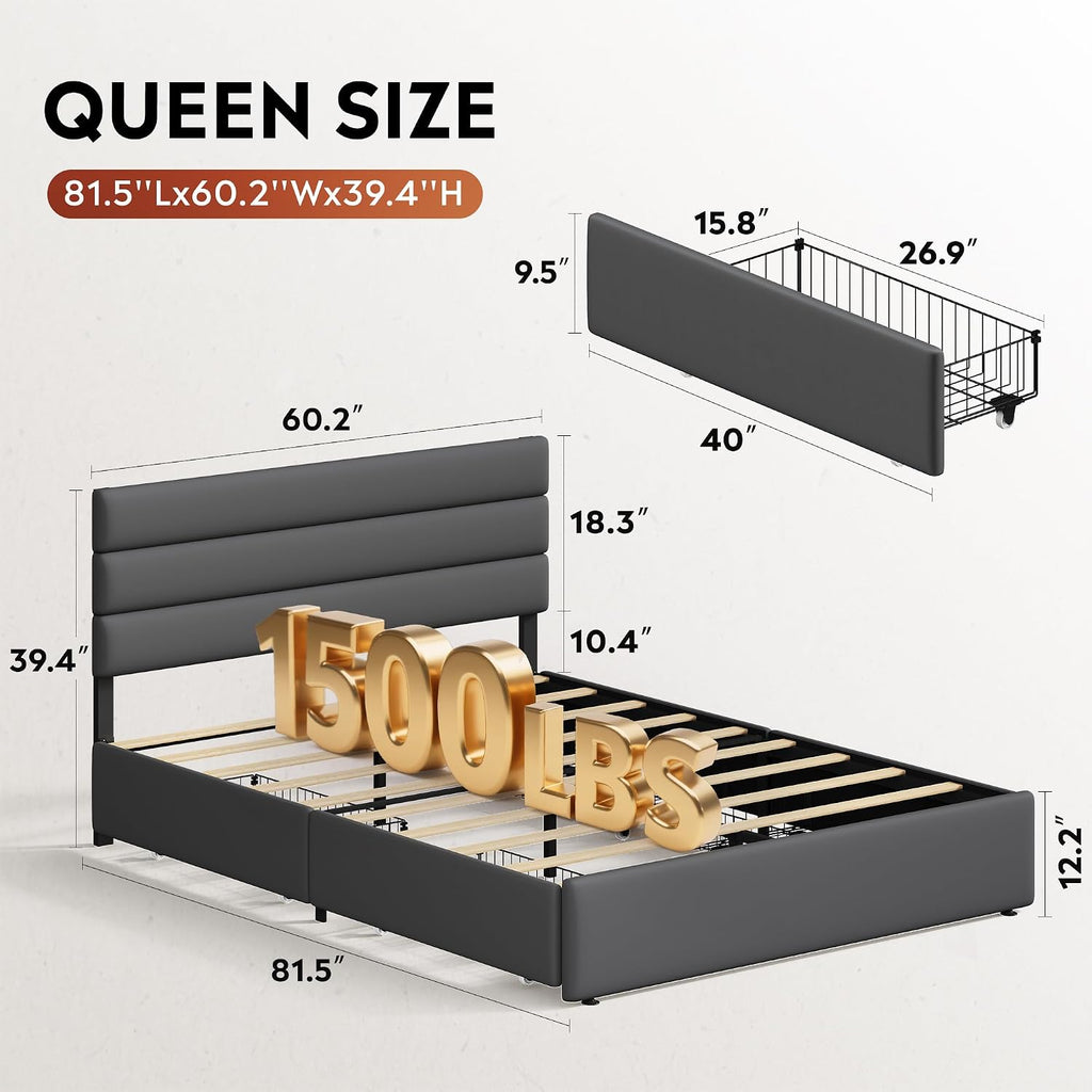 WLIVE Queen Size Upholstered Bed Frame with 4 Storage Drawers and Headboard, Velvet Platform Bedframe, Sturdy Metal & Wooden Slats Support, No Box Spring Needed, Easy Assembly, Dark Grey