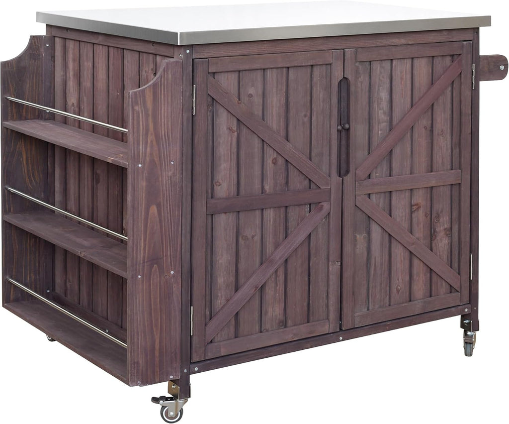 42.1' Outdoor Kitchen Island with Side Shelf,Patio Grill Cart with Storage,Stainless Steel Top, Adjustable Shelf and 4 Wheels,for Pizza Prep (Dark Brown-P)