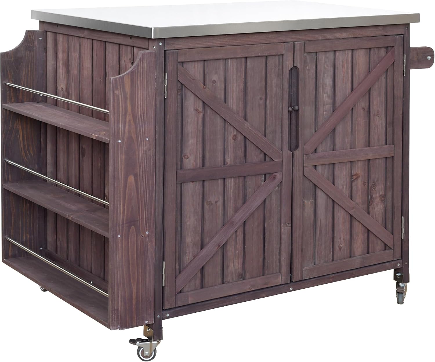 42.1' Outdoor Kitchen Island with Side Shelf,Patio Grill Cart with Storage,Stainless Steel Top, Adjustable Shelf and 4 Wheels,for Pizza Prep (Dark Brown-P)