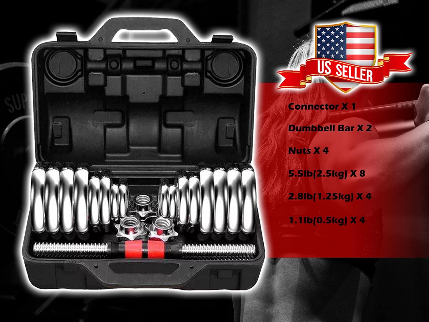 Adjustable Dumbbells Cast Iron Set Weight to 66Lbs / 44LBS, Free Weight with Connecting Rod Used As Barbell, for Men and Women Home Gym Work Out Training Fitness Equipment All-Purpose