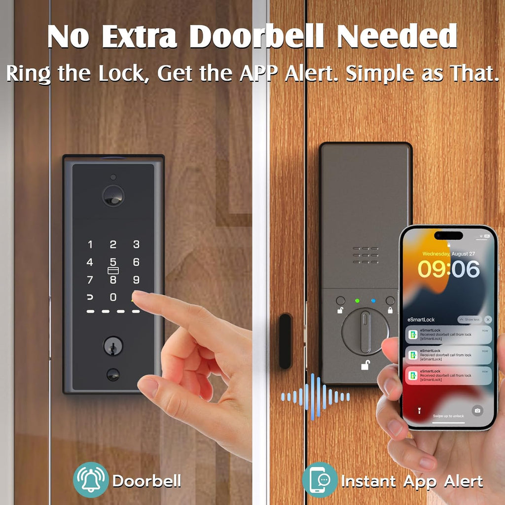 WiFi Door Lock with Camera- Video Doorbell, Deadbolt Smart Lock with RFID Fingerprint Keypad Code, Electronic Digital Biometric Keyless Entry Smart Lock for Front Door
