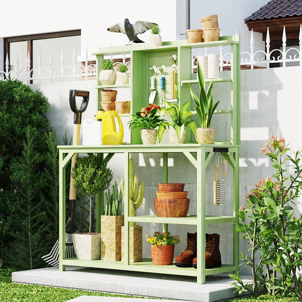 Garden Potting Bench Table with 4 Storage Shelves and Side Hook, 65' Large Wooden Farmhouse Rustic Outdoor Patio Workstation, Garden Potting Bench with Splash Plate (Green)