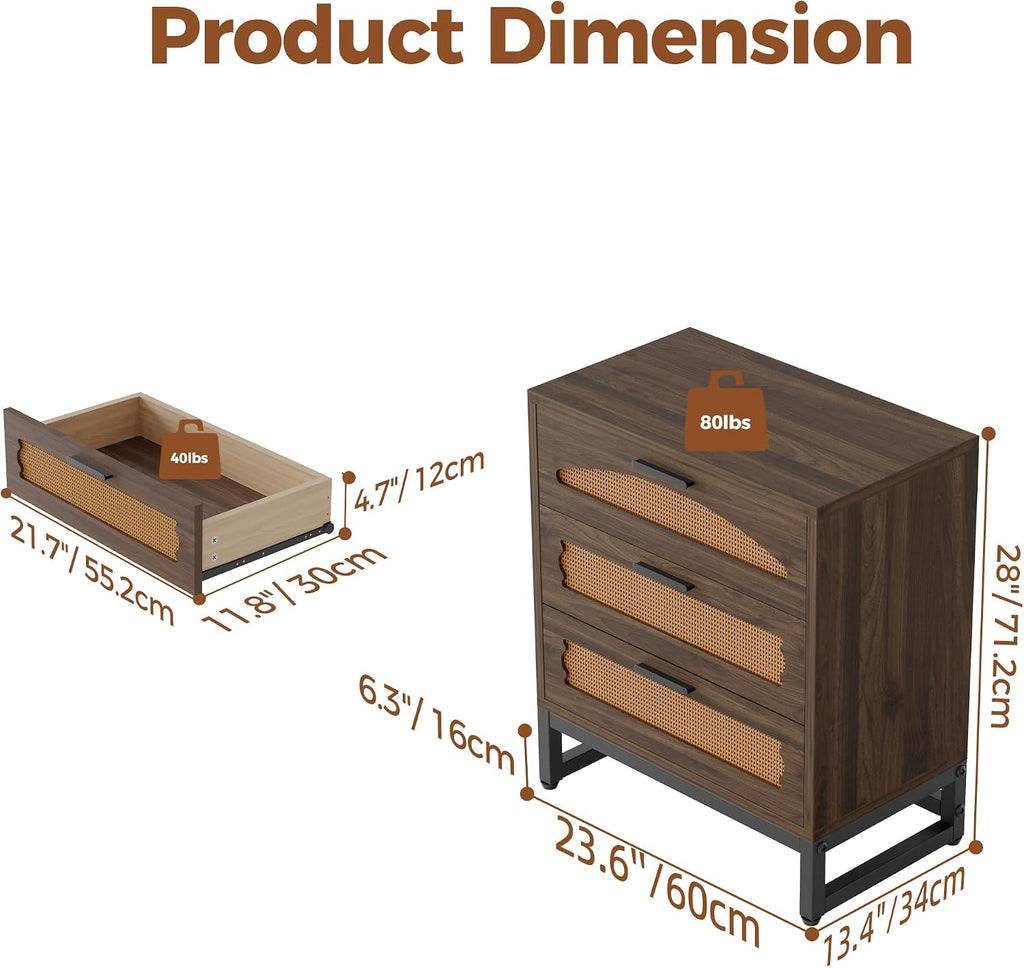Mericonia 3 Drawer Rattan Dresser for Bedroom, Wood Dresser for Closet with Metal Handles, Small Boho Nightstand Sets, Dressers & Chests of Drawers for Bedroom, Hallway and Entryway, Walnut