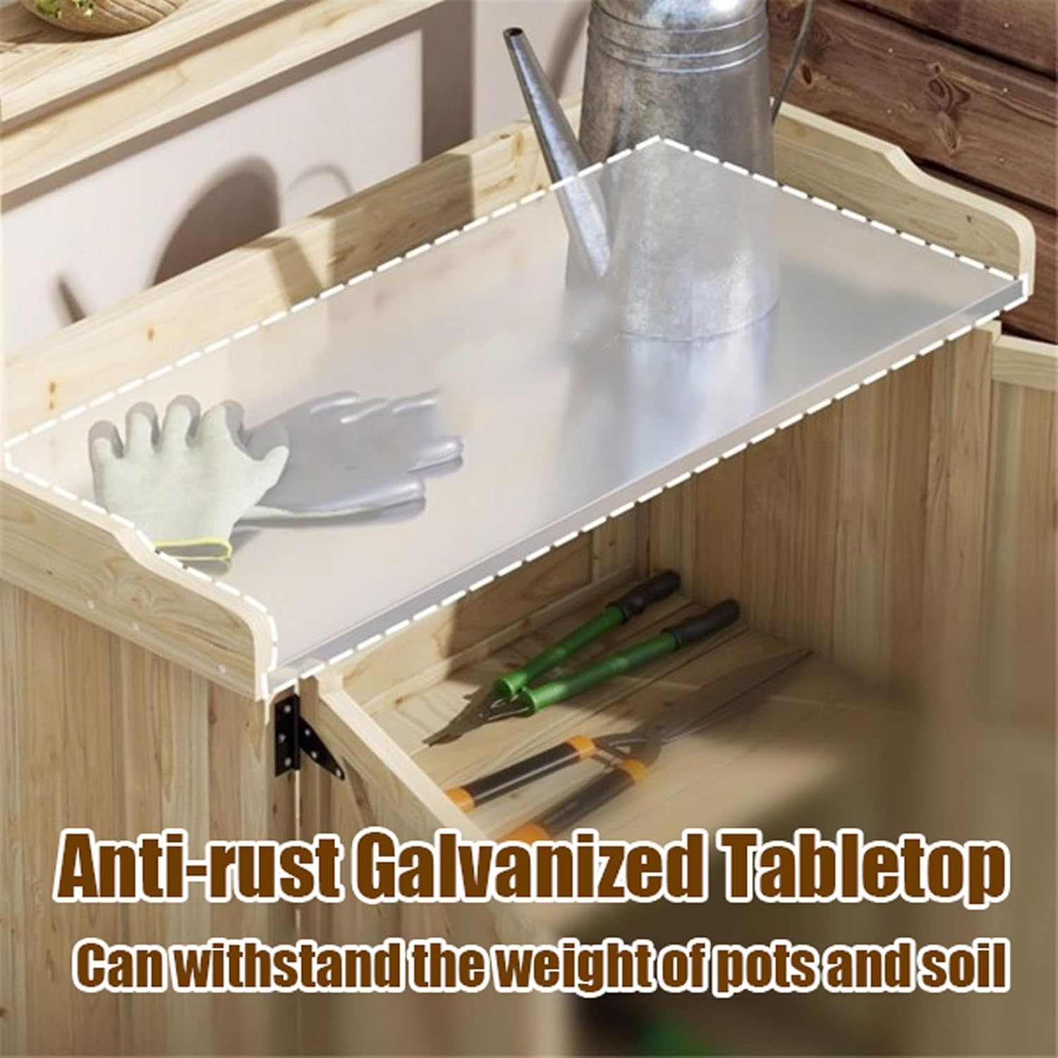 Garden Potting Bench Table with Storage Cabinet and Metal-Plated Tabletop, Top Shelves, Non-Slip Foot Mats, All-Weather Outdoor Potting Bench Work Station for Outside Lawn Patio