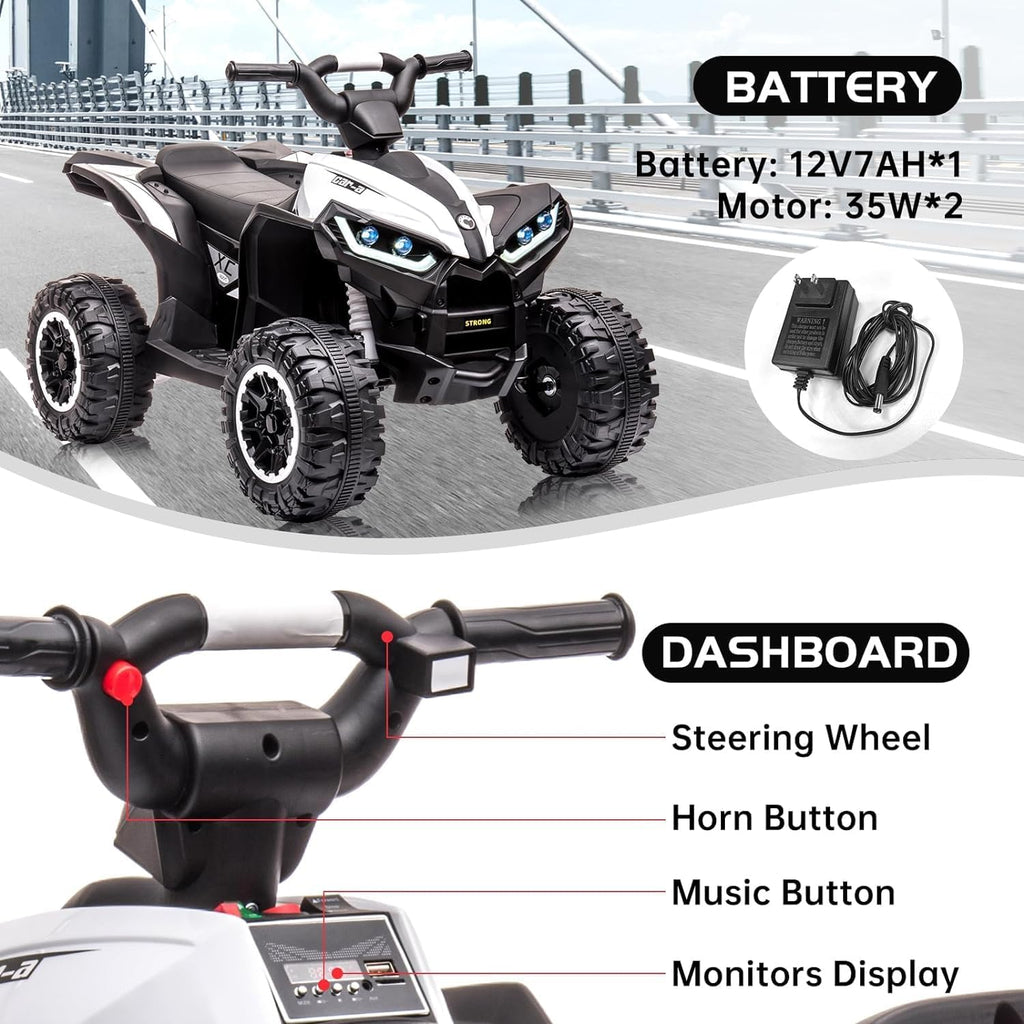 GarveeLife 12V Kids Ride On ATV, 4 Wheeler Electric Vehicle for Kids 3-8 Toddler Battery Powered Toy Car for Boys Girls with Remote Control, LED Lights, Soft Start, Treaded Tires, Music, White