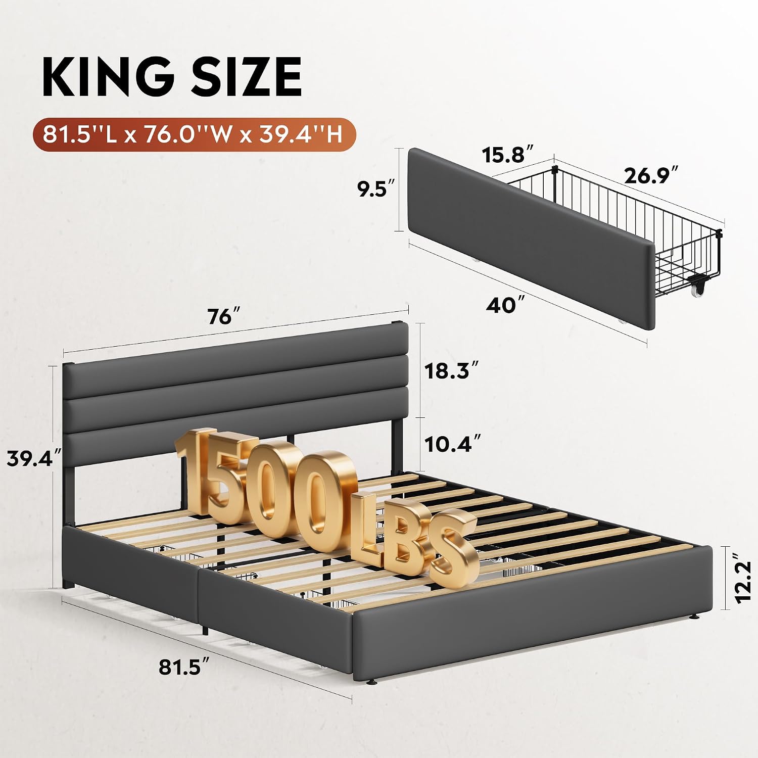 WLIVE King Size Upholstered Bed Frame with 4 Storage Drawers and Headboard, Velvet Platform Bedframe, Sturdy Metal & Wooden Slats Support, No Box Spring Needed, Easy Assembly, Dark Grey