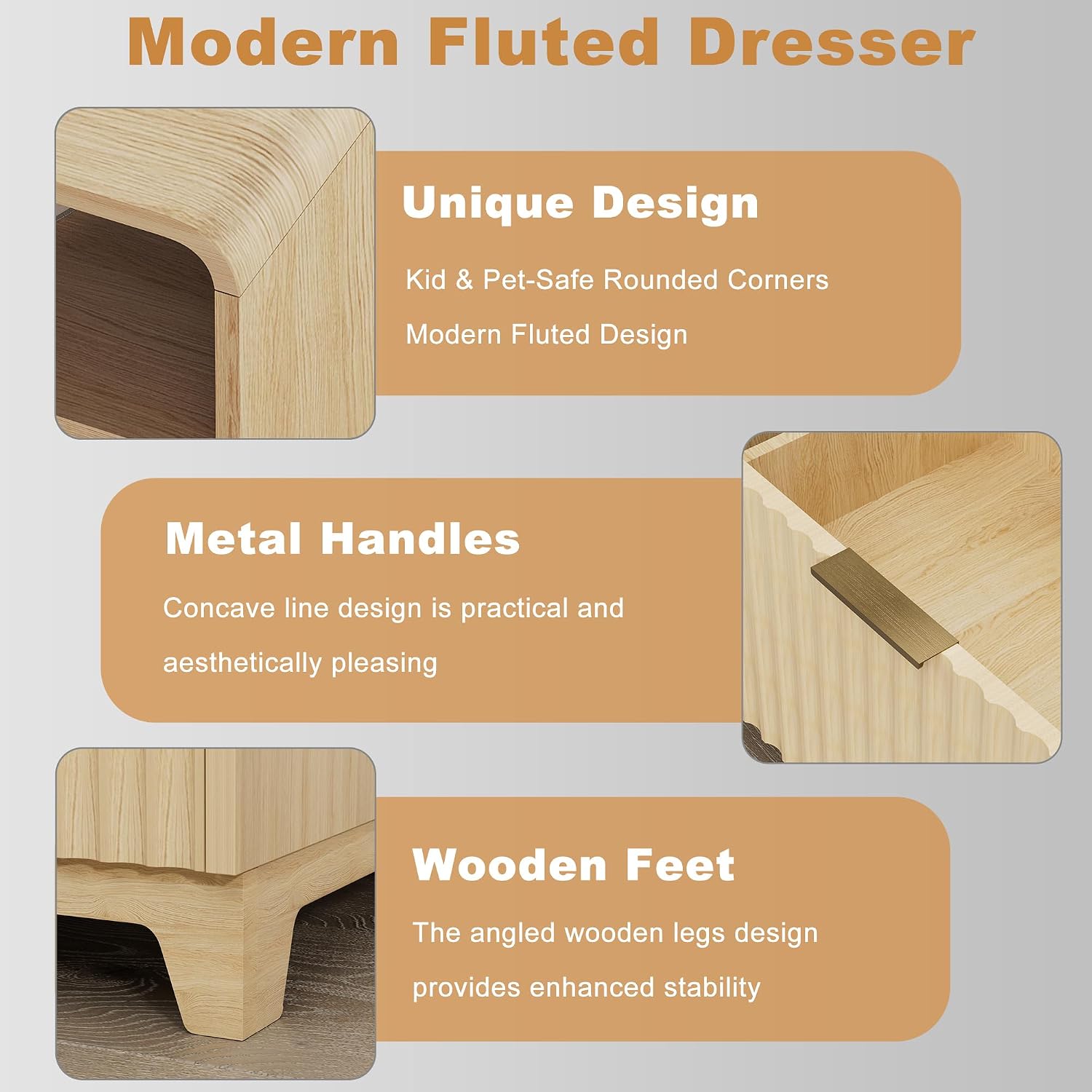9 Drawer Dresser and 2 Nightstand Sets for Bedroom 3 Pcs Bedroom Set, Modern 57.9' Fluted Dresser with Metal Handles Nightstand Charging Station, Bedroom Furniture Set for Living Room, Natural