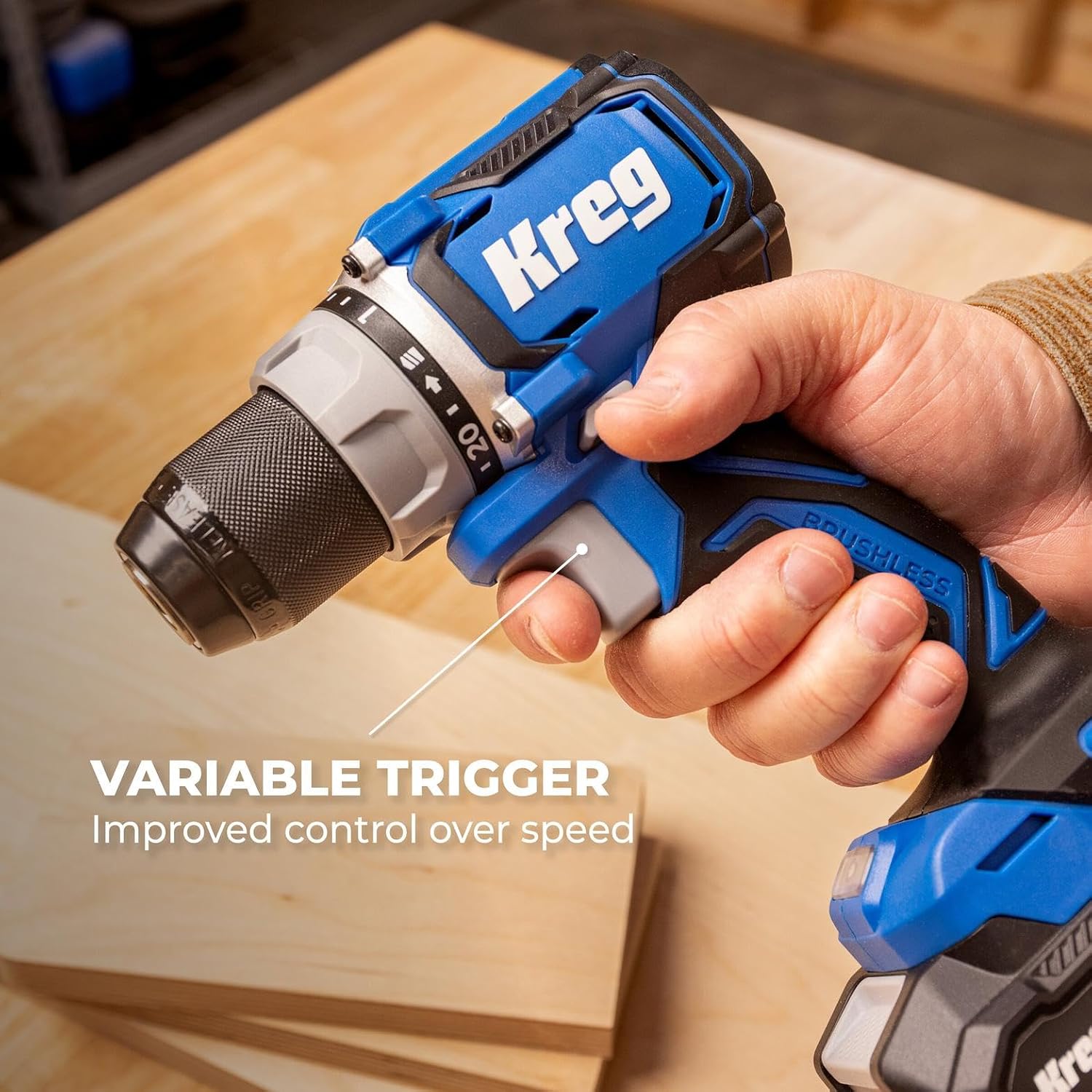Kreg 20V Ionic Drive 1/2' Compact Drill, 20V Blue Ion Charger & 2Ah Battery Pack - Professional Cordless Drill with Compact Design - For Woodworking & Everyday DIY Applications - KPTBDR050A