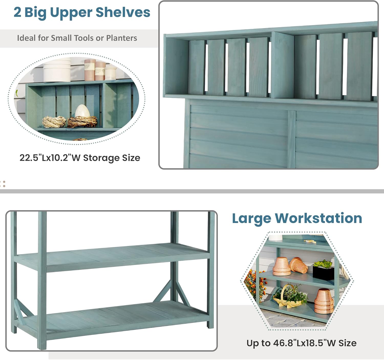 65' Large Wooden Rustic Outdoor Potting Bench Table, Patio Workstation, Garden Potting Bench with 4 Storage Shelves and Side Hook,Green