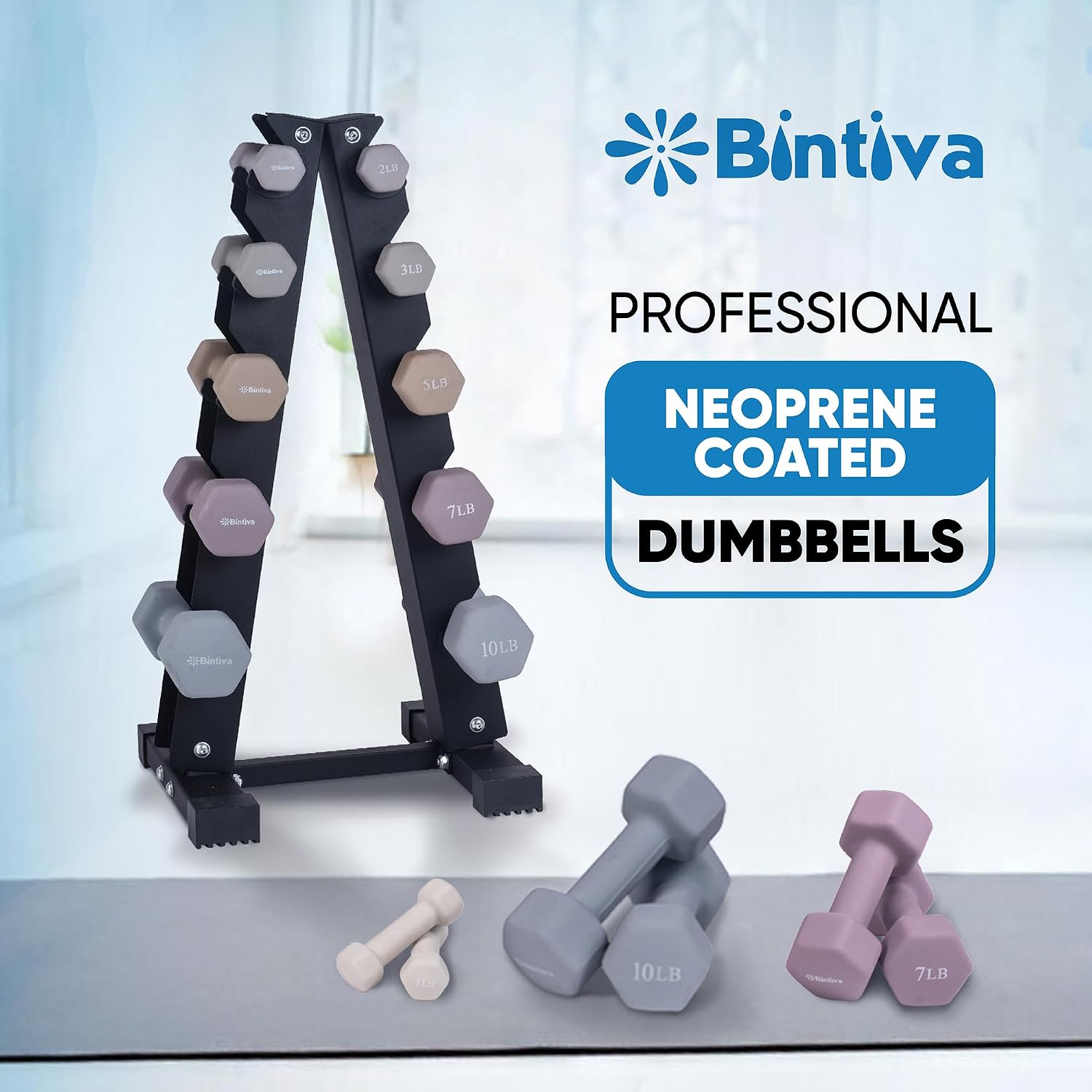 Dumbbell Set with Rack - Neoprene Coated Weights - Hex Color Coded Dumbell Pairs 1-20 LBs
