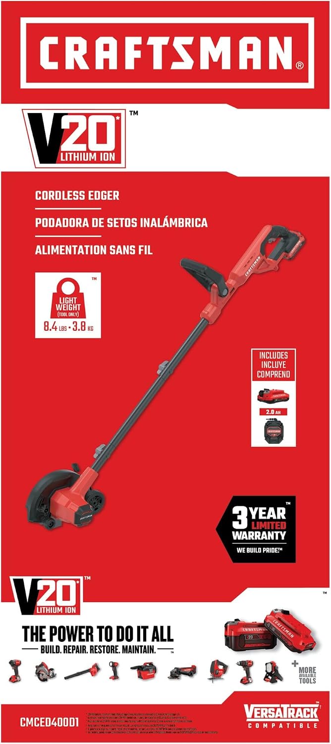 CRAFTSMAN Cordless Edger Lawn Tool, 20V MAX Battery, Charger and Blade Included, Lightweight Lawn Edger, 7.5 in Cutting Width, 1000 Ft of Edging per Charge (CMCED400D1)