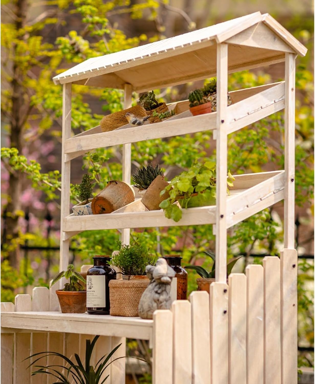 Mobile Potting Bench Table with Eaves, Garden Work Bench, Outdoor Wooden Workstation Hut with Multiple Compartments and 4 Locking Wheels, for Patio Courtyards Planter, Natural