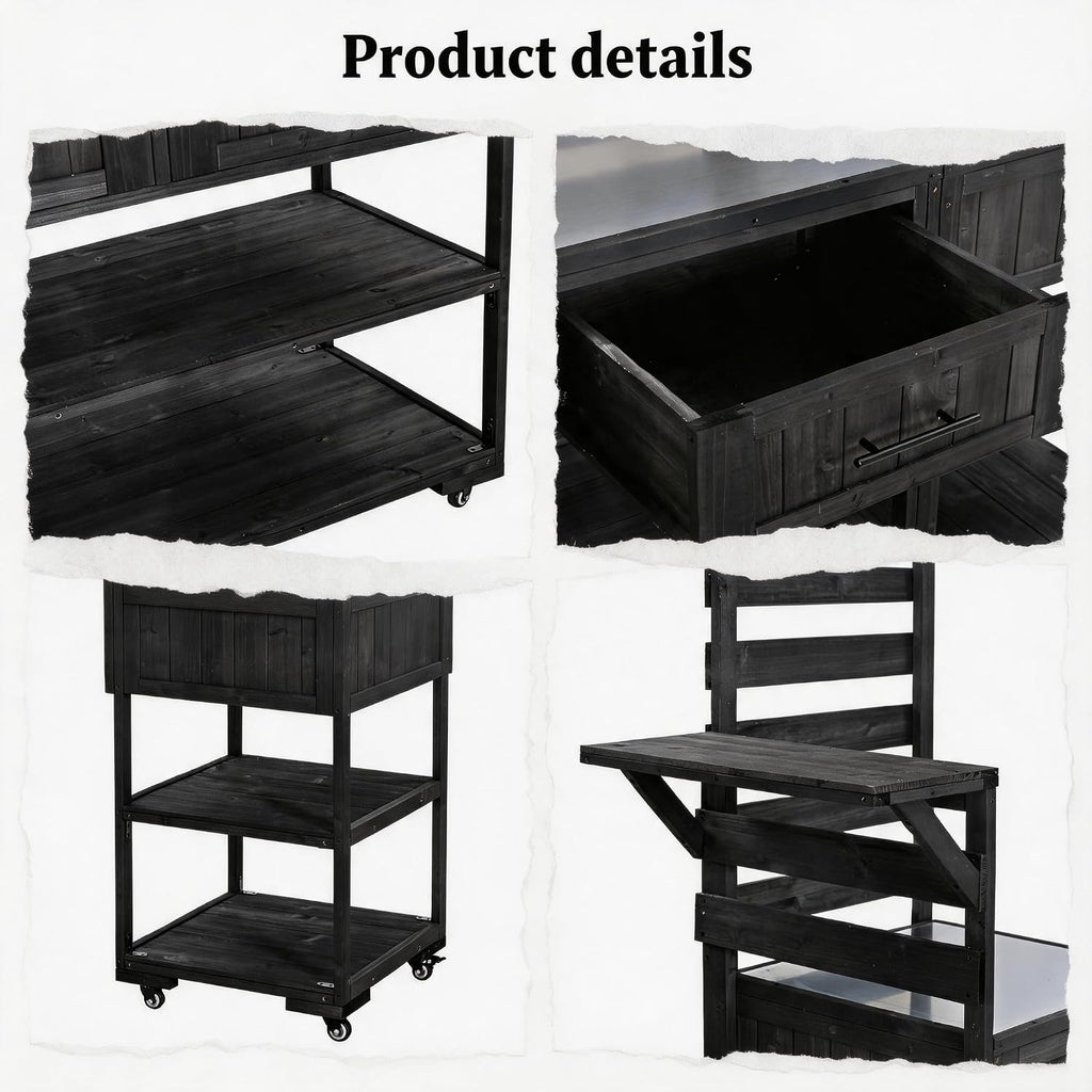 Outdoor Kitchen Island with Stainless Steel Top, 62 in | Fir wood, stainless steel top, raised shelf, modular 2-cart design, lockable wheels, BBQ prep, 62.3 W x 28.6 D x 65 H in