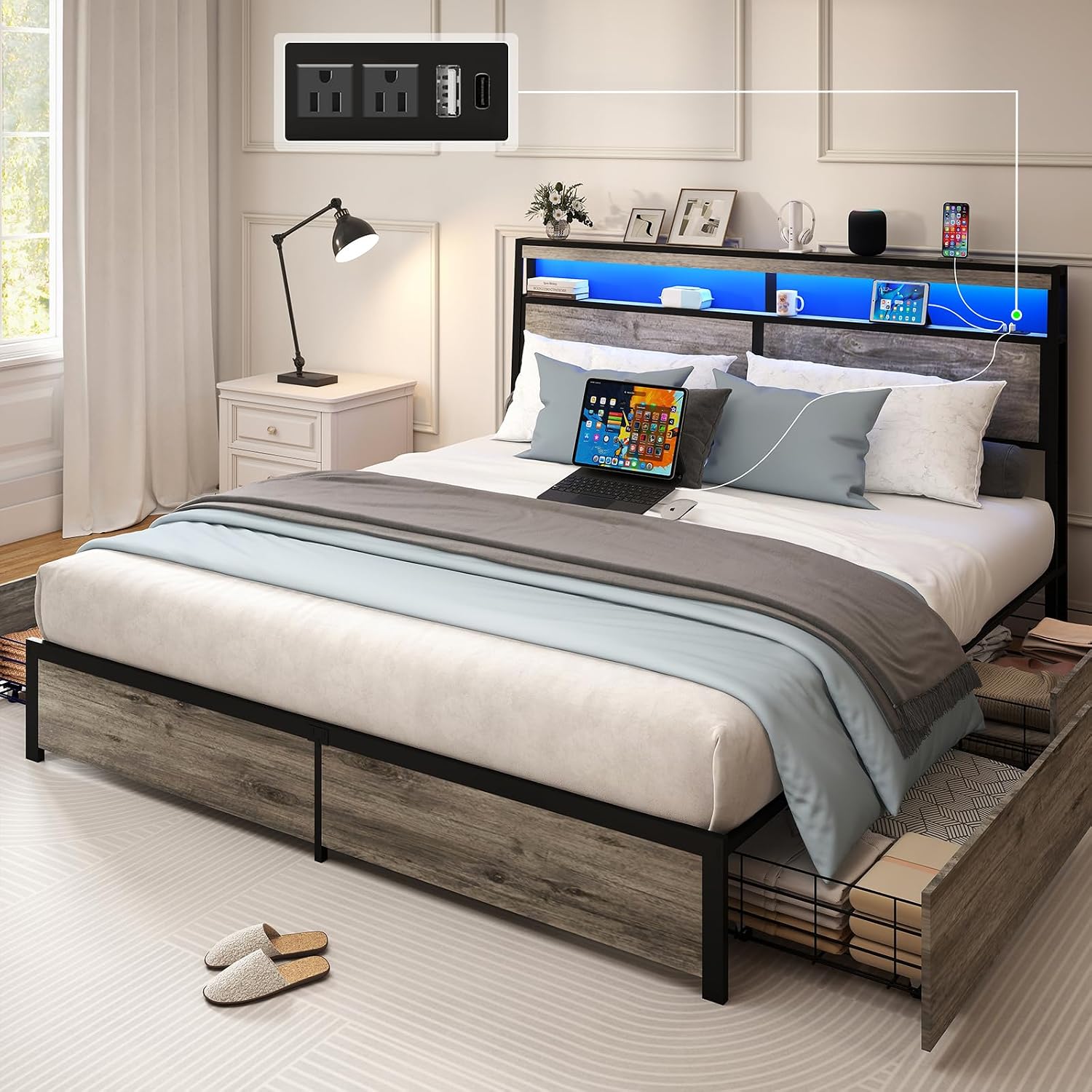 SADENICEL King Size Bed Frame with Storage Headboard, Metal Platform King Bed Frame Wood with 4 Drawers, LED Light, Charging Station, No Box Spring Needed, Noise Free, Easy Assembly, Grey