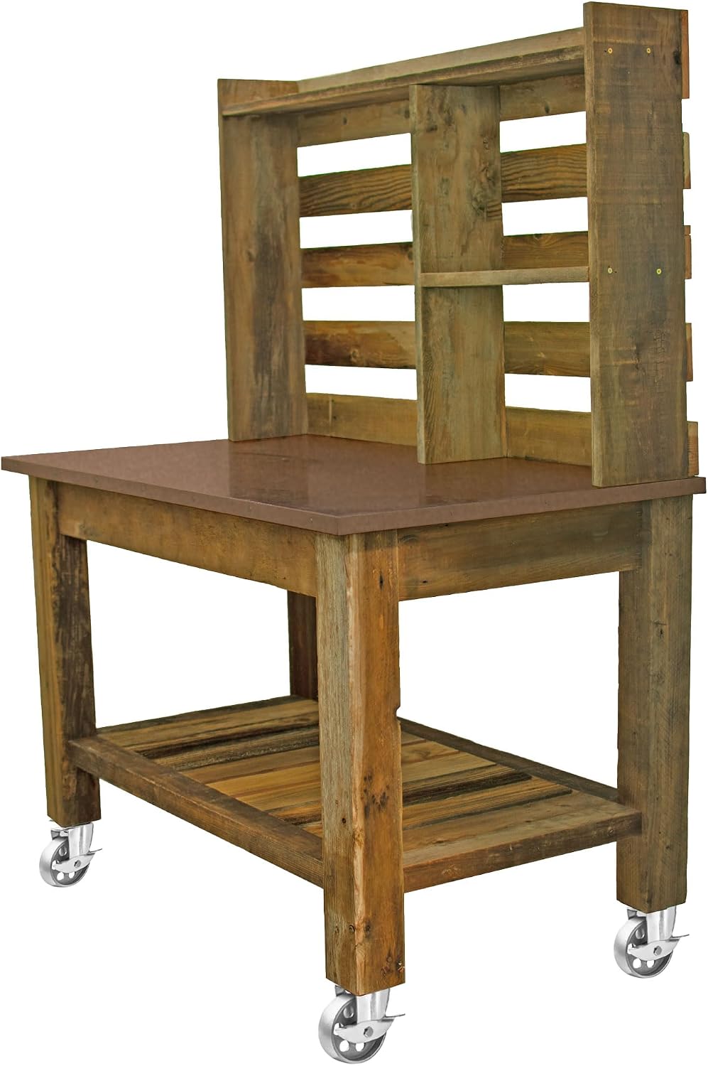 Copper Potting Table, Outdoor Garden Buffet Table and Patio Island, Gardening Workbench, Copper Table-Top with Black Iron Castors & Brakes (with Tool Hooks and Drawer Pulls, 5in Galvanized Casters)