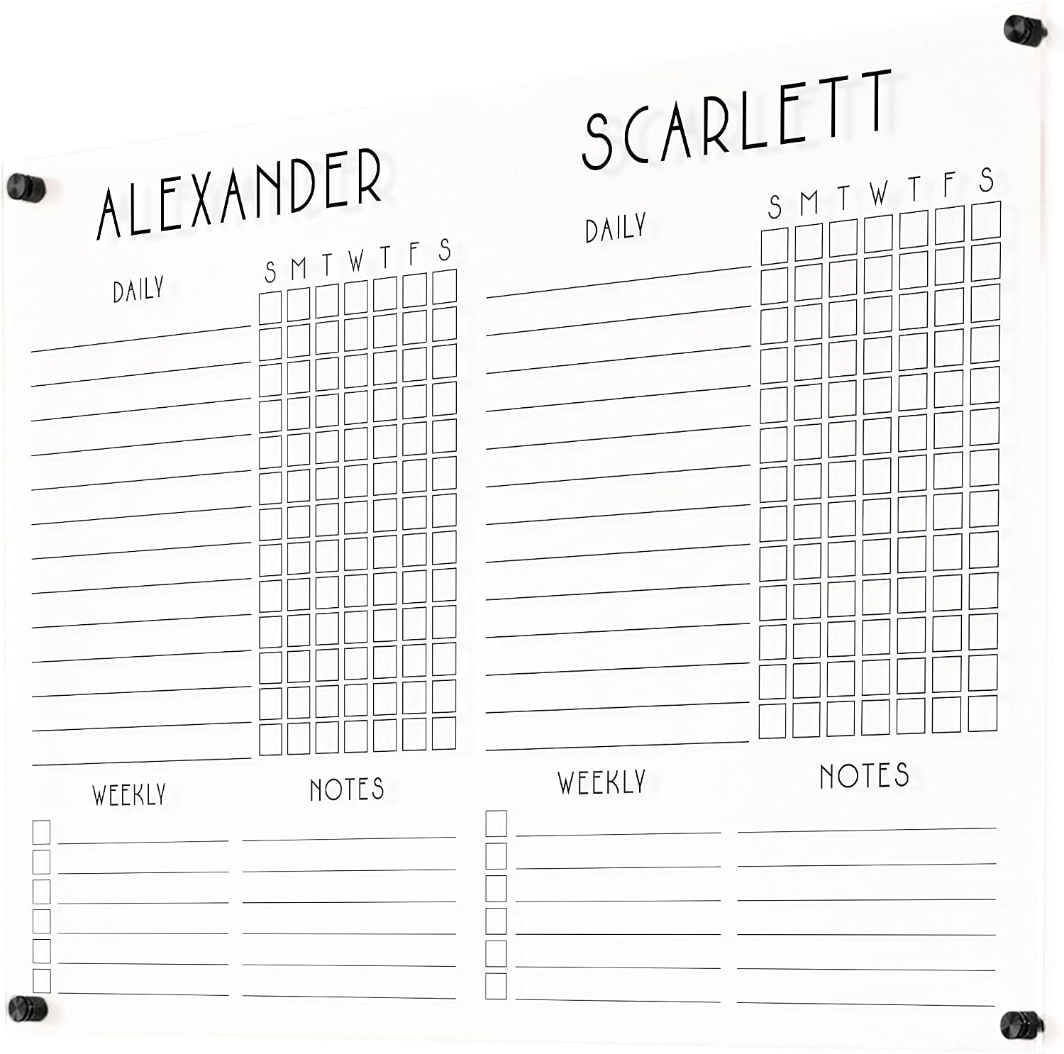 Personalized Acrylic Chore Chart for Wall (38' Wx26 H, Matte Black Standoffs)