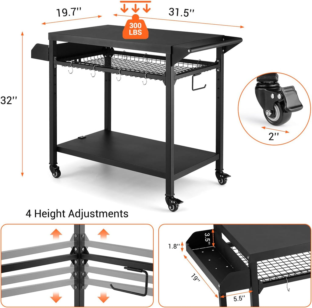 Heavy Duty Outdoor Grill Cart with Wheels - 3-Tier Rolling BBQ Prep Table & Pizza Oven Stand - Storage Shelves, Mesh Rack, Lockable Casters - Black Metal Utility Cart for Patio, Camping