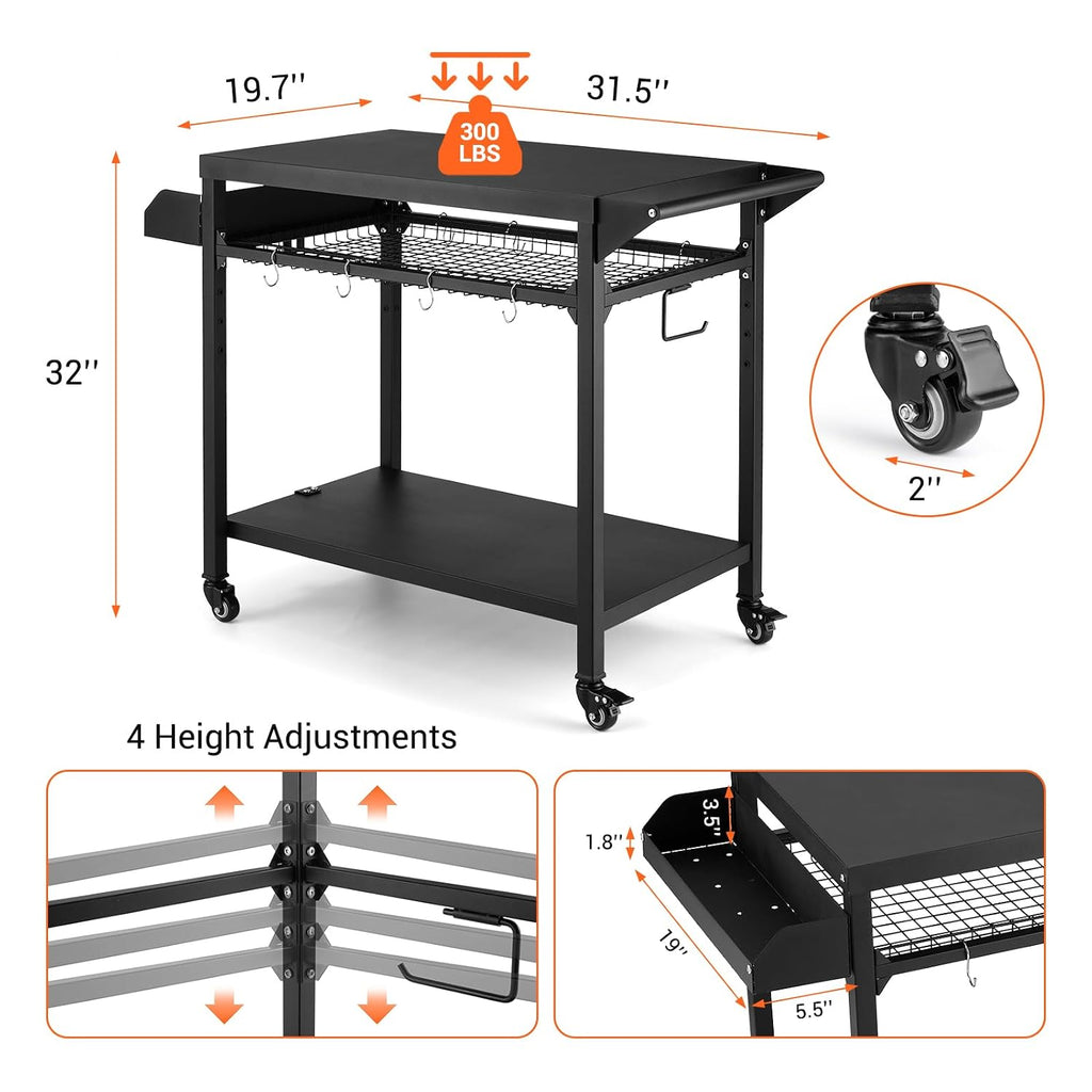 Hipicute Outdoor Grill Cart, Pizza Oven Table, Utility Cart with Wheels Dining Cart Table for Outside Patio, Movable Kitchen Cooking Prep Table BBQ Cart with Mesh Racks for Home Party, Bar, Camping