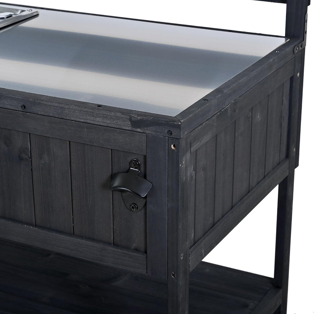 Outdoor Grill Table with Stainless Steel Sink, Outdoor Sink Station, 41.7' Rolling Kitchen Island Cart, Solid Wood Potting Table, 2 Shelves (Black)