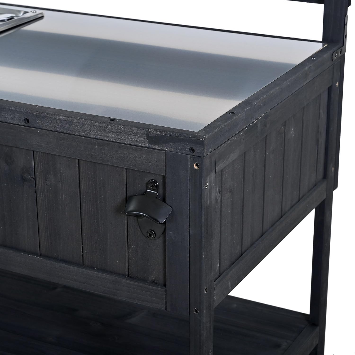 Outdoor Grill Table with Stainless Steel Sink, Outdoor Sink Station, 41.7' Rolling Kitchen Island Cart, Solid Wood Potting Table, 2 Shelves (Black)