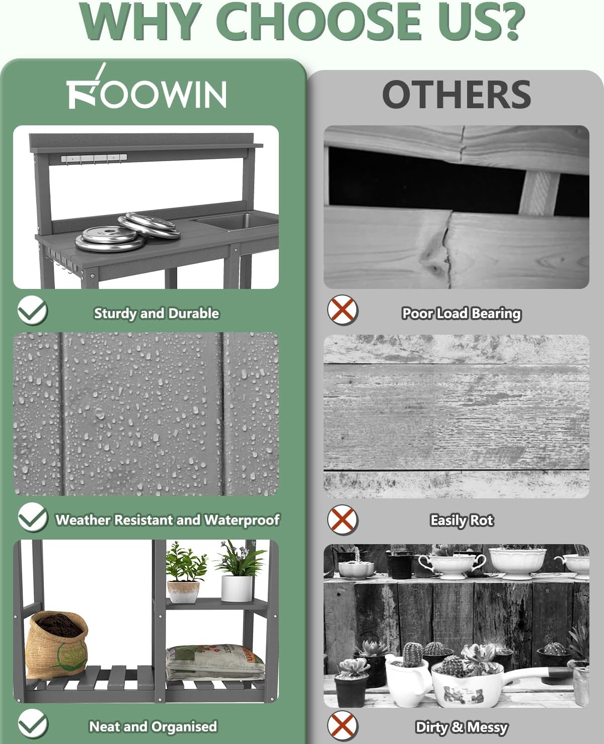 FOOWIN Potting Bench, HDPE Outdoor Potting Table with Sink, All-Weather Potting Benches for Outside, Gardening Table with Storage Shelf, Hook, for Garden, Patio, Lawns, Grey