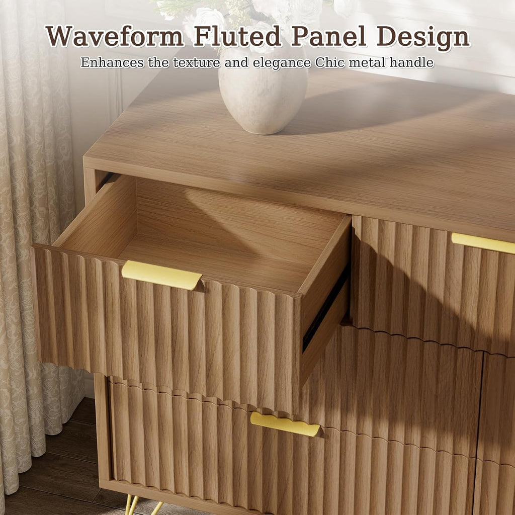 LYNSOM Fluted Dresser for Bedroom, Walnut 7 Drawer Dresser with Gold Handles and Wide Drawers, Wood Chest of Drawers for Bedroom, Hallway(Walnut)