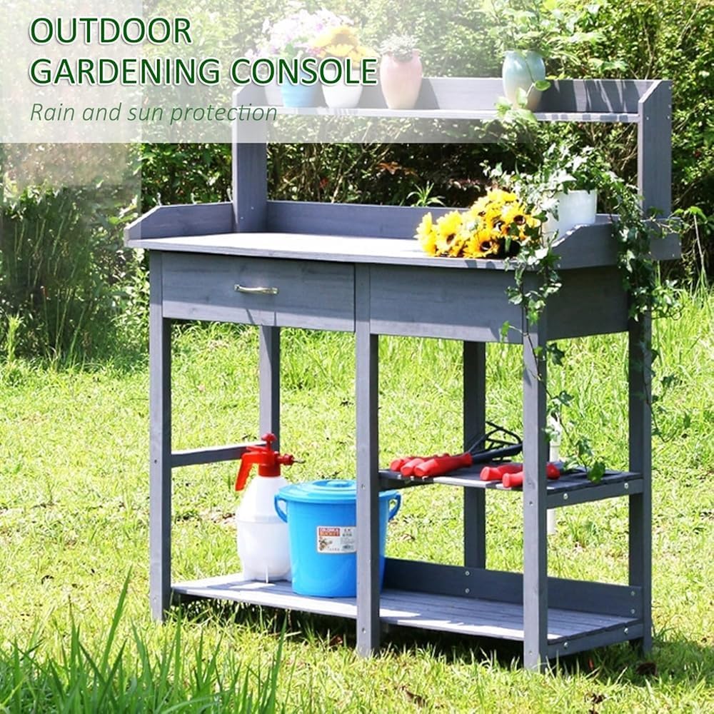 Planting Work Bench with Removable Sink - Gardening Bench Potting Table with Storage Shelves and Drawer for Outdoor Garden Patio Yard(Size:117x45x121cm,Color:Blue)