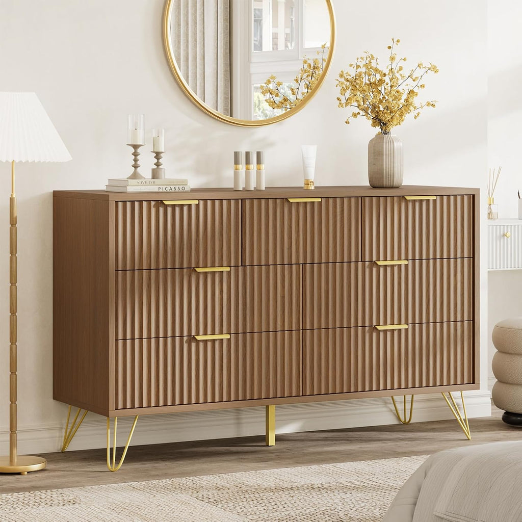 LYNSOM Fluted Dresser for Bedroom, Walnut 7 Drawer Dresser with Gold Handles and Wide Drawers, Wood Chest of Drawers for Bedroom, Hallway(Walnut)