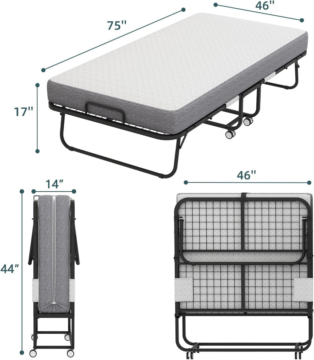 Espsilto Large Folding Bed with Mattress for Adult - 75''x46'' Foldable Rollaway Bed for Guest, Space Saving Fold Up for Easy Storage
