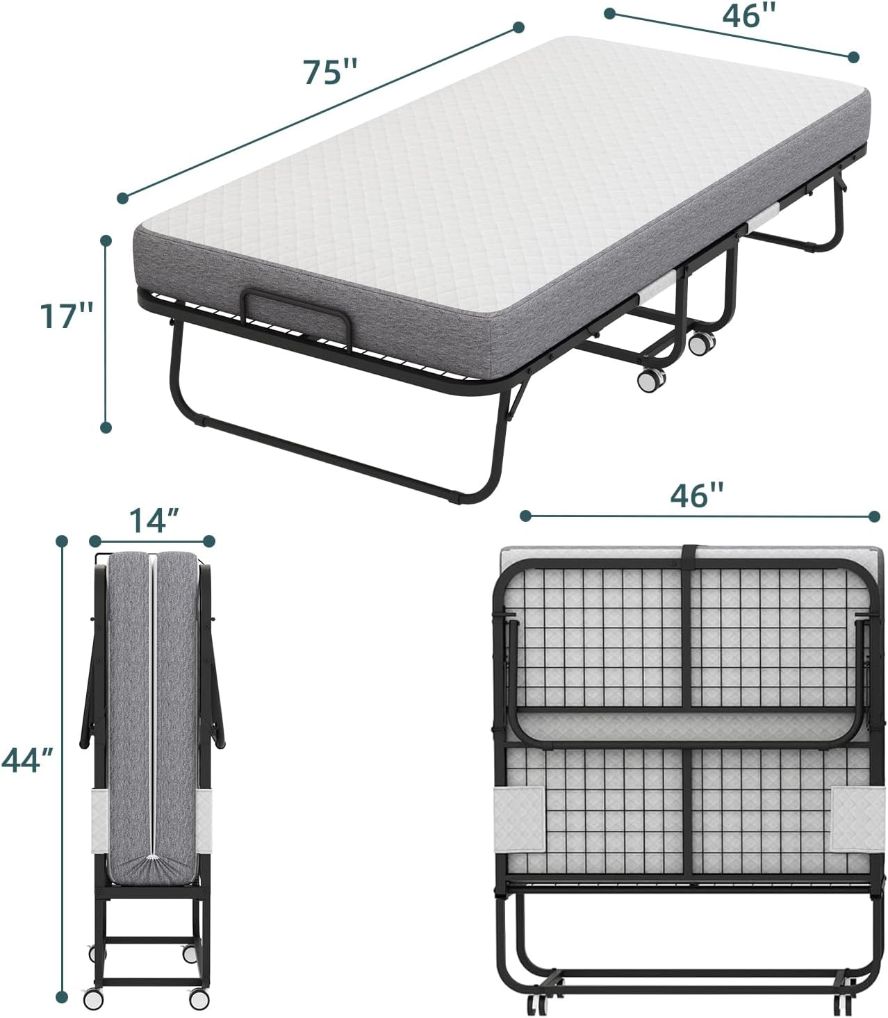 Espsilto Large Folding Bed with Mattress for Adult - 75''x46'' Foldable Rollaway Bed for Guest, Space Saving Fold Up for Easy Storage